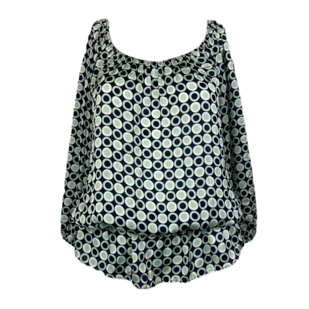 Vince Camuto Shirt Womens Sz S Aqua Blue White Circle Print Cinch Waist Blouse